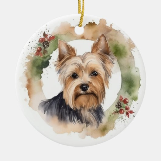 Yorkshire Terrier Christmas Wreath Festivals Keramik Ornament (Vorne)