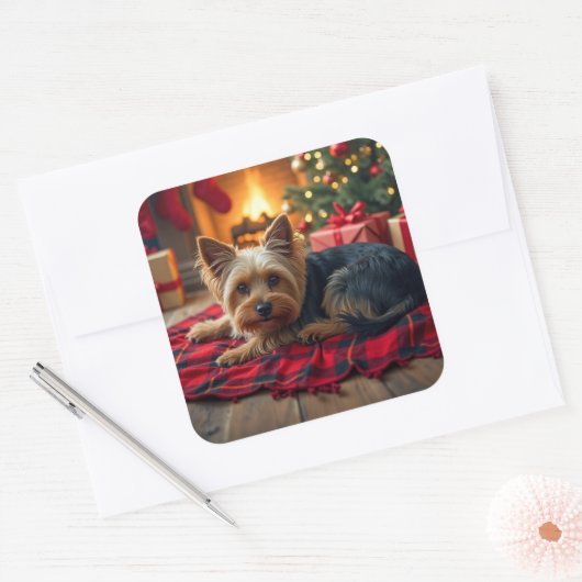 Yorkshire Terrier Cozy Christmas Evening Painting Quadratischer Aufkleber (Umschlag)
