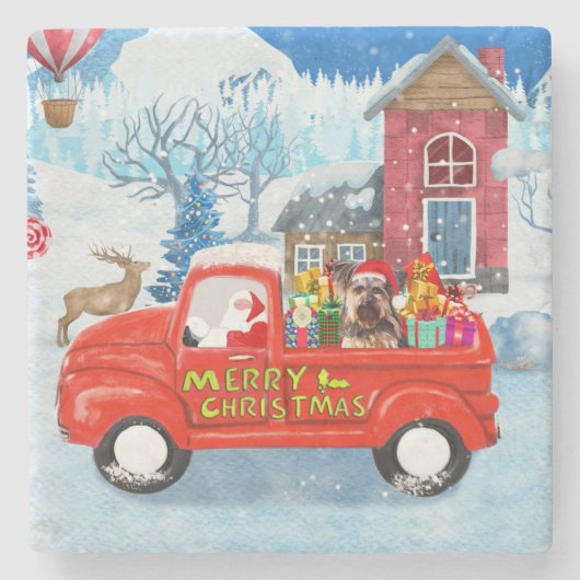 Yorkshire Terrier Dog Christmas Delivery Truck Steinuntersetzer (Vorderseite)
