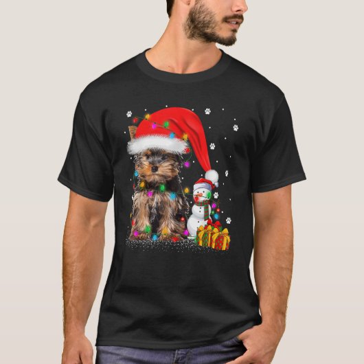 Yorkshire Terrier Dog Christmas Lights Santa Snowm T-Shirt (Vorderseite)