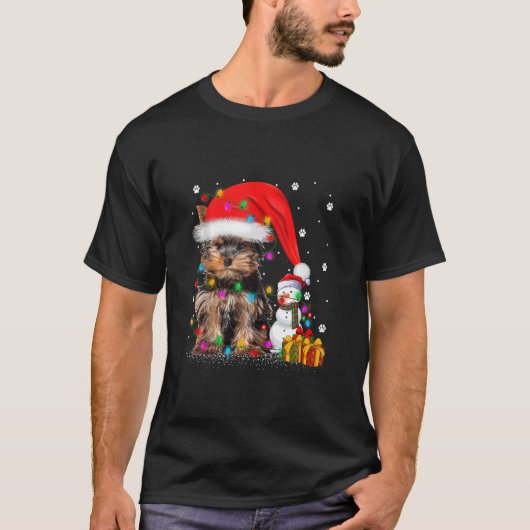 Yorkshire Terrier Dog Christmas Lights Santa Snowm T-Shirt (Vorderseite)