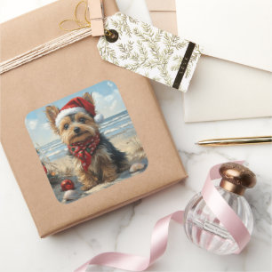 Yorkshire Terrier Dog Christmas Vintag Beach Quadratischer Aufkleber