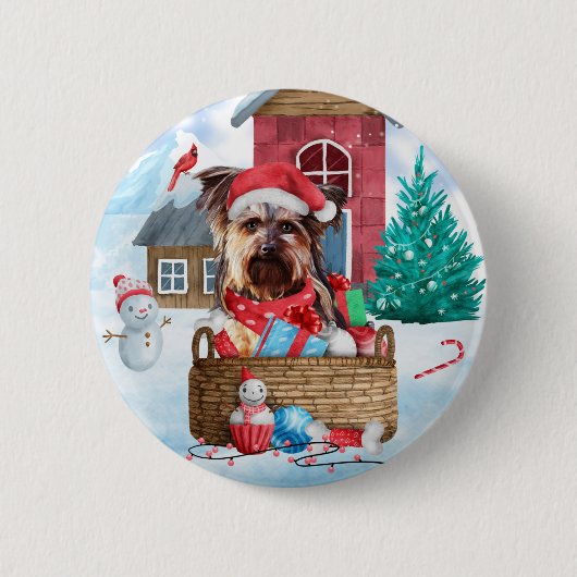 Yorkshire Terrier Dog im Schnee Weihnachtshundehau Button (Vorderseite)
