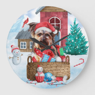 Yorkshire Terrier Dog im Schnee Weihnachtshundehau Große Wanduhr