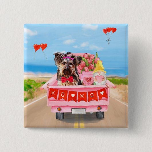 Yorkshire Terrier Dog Valentine's Day Truck Hearts Button (Vorderseite)
