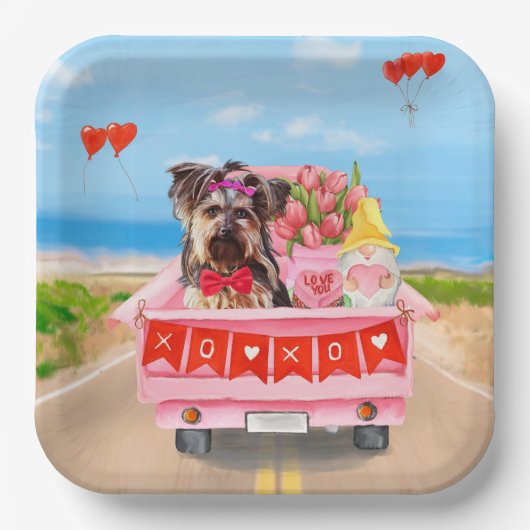 Yorkshire Terrier Dog Valentine's Day Truck Hearts Pappteller (Vorderseite)