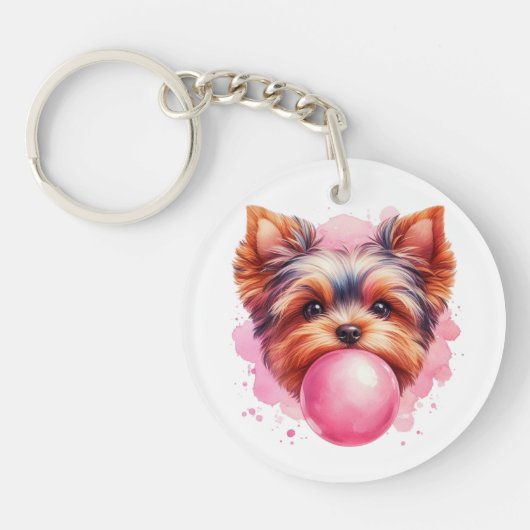 Yorkshire Terrier Dog w Pink Bubblegum Watercolor Schlüsselanhänger (Vorderseite)