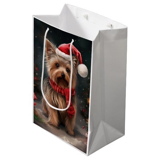 Yorkshire Terrier Dog zu Weihnachten im Schnee Mittlere Geschenktüte (Vorderseite Schrägansicht)