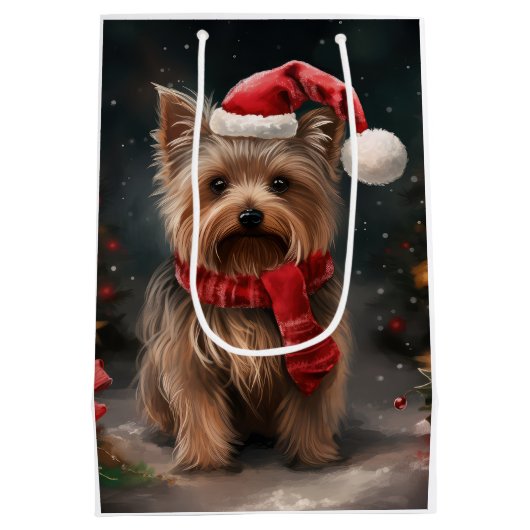 Yorkshire Terrier Dog zu Weihnachten im Schnee Mittlere Geschenktüte (Rückseite)