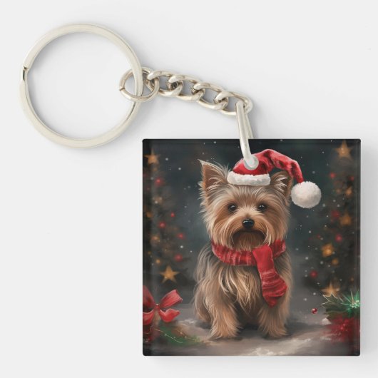 Yorkshire Terrier Dog zu Weihnachten im Schnee Schlüsselanhänger (Vorderseite)