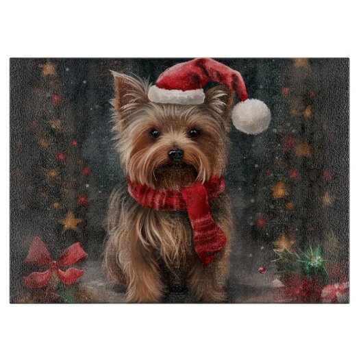 Yorkshire Terrier Dog zu Weihnachten im Schnee Schneidebrett (Vorderseite)