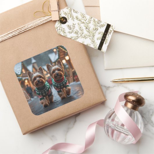 Yorkshire Terrier Dogs Christmas Snow Holiday  Quadratischer Aufkleber (Schenken)