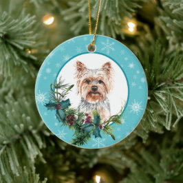 Yorkshire Terrier Evergreen Blue Snowflake Border Keramik Ornament