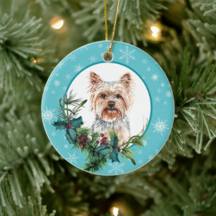 Yorkshire Terrier Evergreen Blue Snowflake Border Keramik Ornament