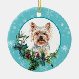 Yorkshire Terrier Evergreen Blue Snowflake Border Keramik Ornament