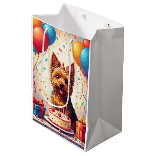 Yorkshire Terrier Geburtstagsfeier Mittlere Geschenktüte (Vorderseite Schrägansicht)