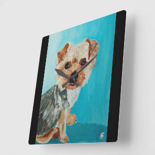 Yorkshire-Terrier-Gemälde von Alfred Fox Quadratische Wanduhr
