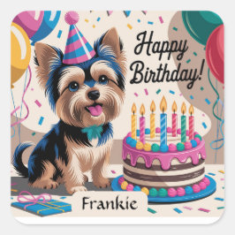 Yorkshire Terrier Happy Birthday Quadratischer Aufkleber