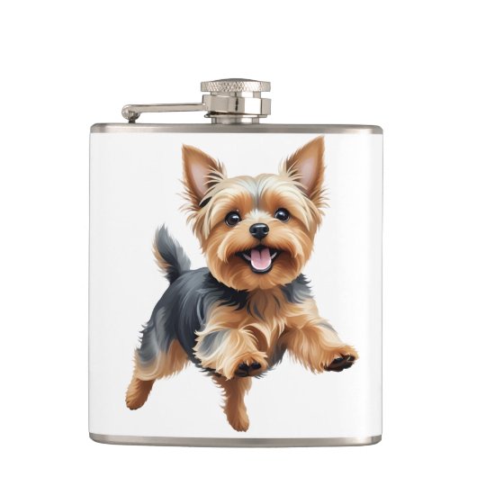 Yorkshire Terrier Happy Playful Fun Jumping Joyful Flachmann (Vorderseite)