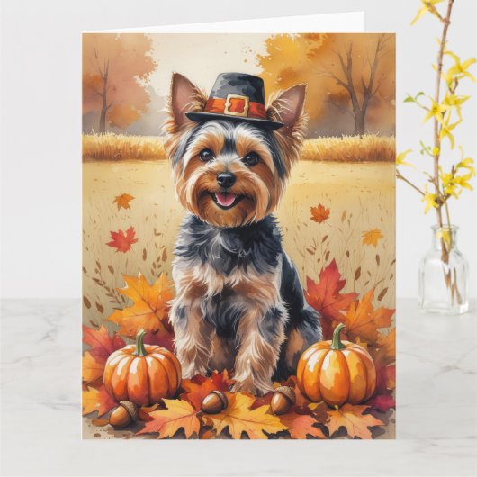 Yorkshire Terrier Herbst Erntedank Art Karte (Gelbe Blume)