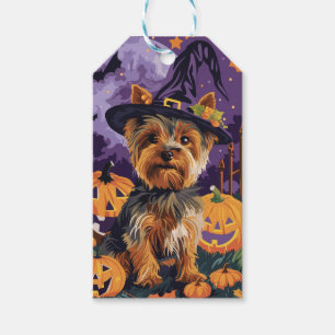 Yorkshire Terrier Hund Halloween Hexe und Pumpkin Geschenkanhänger