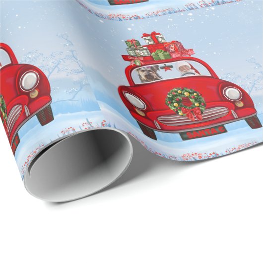 Yorkshire Terrier Hund in Auto mit dem Weihnachtsm Geschenkpapier (Rolleneckpunkt)