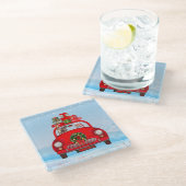 Yorkshire Terrier Hund in Auto mit dem Weihnachtsm Glasuntersetzer (Schrägansicht)