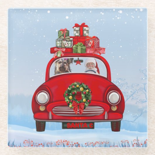 Yorkshire Terrier Hund in Auto mit dem Weihnachtsm Glasuntersetzer (Vorderseite)