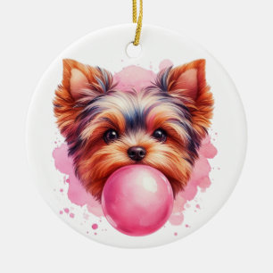 Yorkshire Terrier Hund mit rosa Bubble-Gum-Wasserf Keramik Ornament