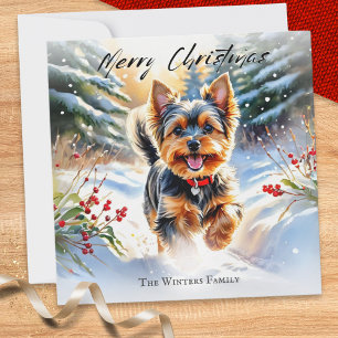 Yorkshire Terrier Hund Yorkie im Schnee Weihnachte Feiertagskarte