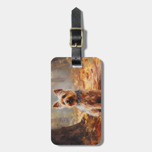Yorkshire Terrier im Herbstfall Inspiriert Gepäckanhänger (Vorderseite vertikal)