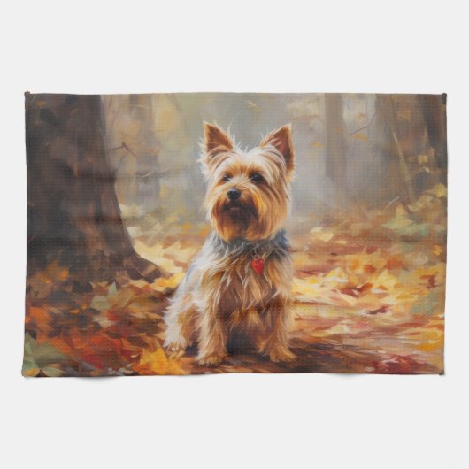 Yorkshire Terrier im Herbstfall Inspiriert Geschirrtuch (Horizontal)