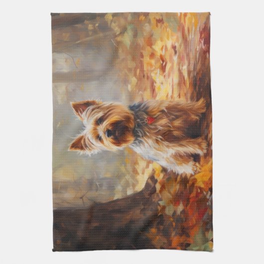 Yorkshire Terrier im Herbstfall Inspiriert Geschirrtuch (Vertikal)