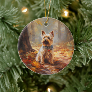 Yorkshire Terrier im Herbstlaubfall inspiriert Keramik Ornament