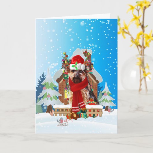 Yorkshire Terrier im Schnee mit Weihnachtsgeschenk Karte (Gelbe Blume)
