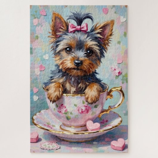 Yorkshire Terrier in einem Valentinstag-Tässchen Puzzle (Vertikal)