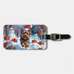 Yorkshire Terrier in Snow mit Weihnachtshut Gepäckanhänger