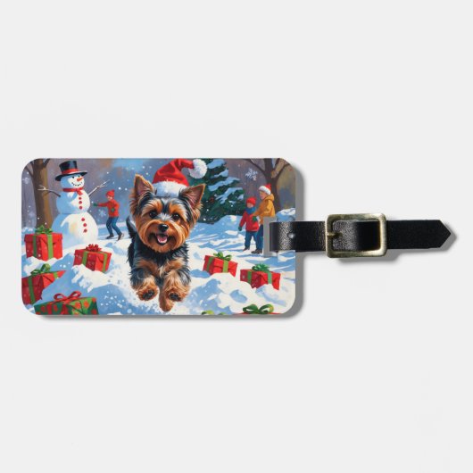 Yorkshire Terrier in Snow mit Weihnachtshut Gepäckanhänger (Vorderseite horizontal)