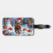 Yorkshire Terrier in Snow mit Weihnachtshut Gepäckanhänger (Rückseite horizontal)