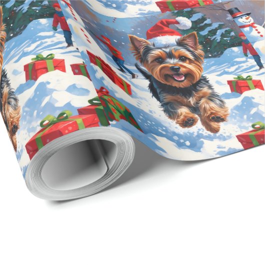 Yorkshire Terrier in Snow mit Weihnachtshut Geschenkpapier (Rolleneckpunkt)