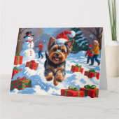 Yorkshire Terrier in Snow mit Weihnachtshut Karte (Vorderseite)