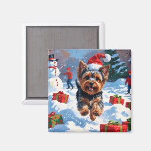 Yorkshire Terrier in Snow mit Weihnachtshut Magnet