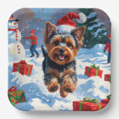 Yorkshire Terrier in Snow mit Weihnachtshut Pappteller (Vorderseite)