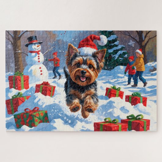 Yorkshire Terrier in Snow mit Weihnachtshut Puzzle (Horizontal)