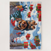 Yorkshire Terrier in Snow mit Weihnachtshut Puzzle (Vertikal)