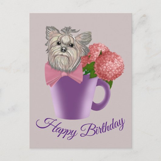 Yorkshire Terrier mit Blume Happy Birthday Postkarte (Vorderseite)