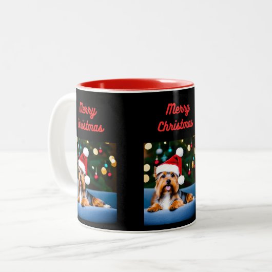 Yorkshire Terrier, mit einer Weihnachtsmannmütze a Zweifarbige Tasse (Vorderseite Links)