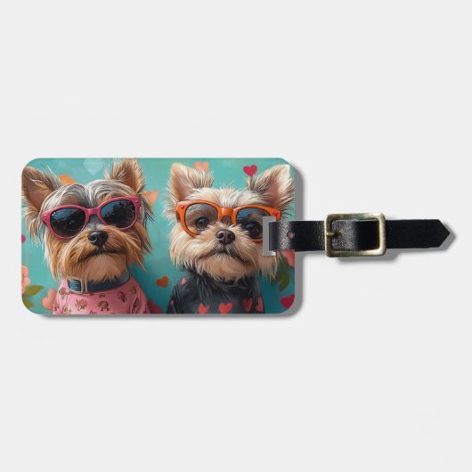 Yorkshire Terrier mit Herz-Rose Valentinstag Gepäckanhänger (Vorderseite horizontal)