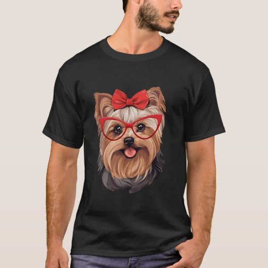 Yorkshire Terrier mit roter Brille und Headband T-Shirt (Vorderseite)