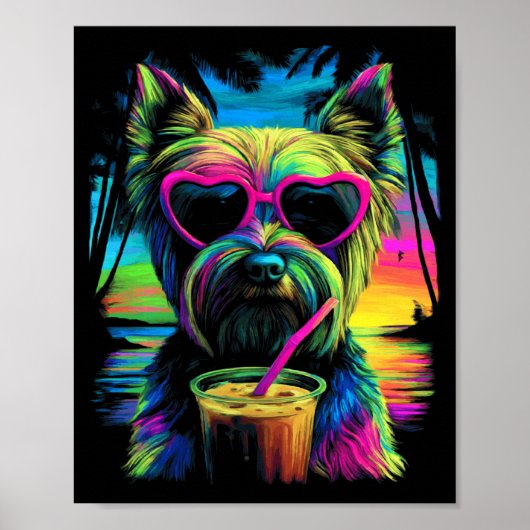 Yorkshire Terrier mit Sungles Eiskaffee Sommer Poster (Vorne)